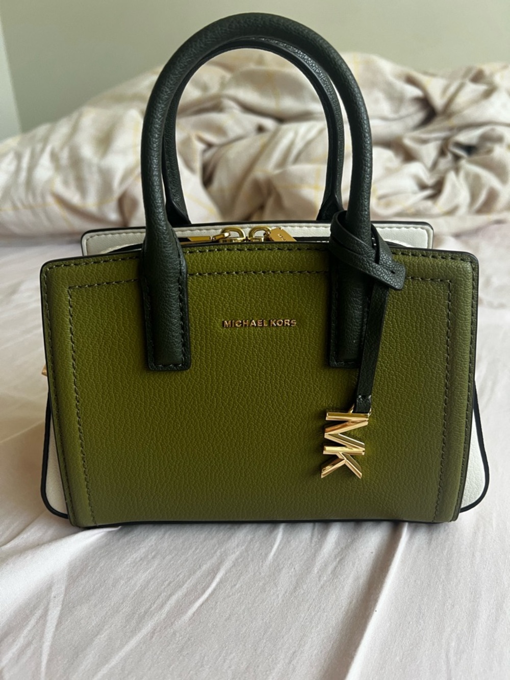 Michael Kors Laila Olive Green and Black Leather Mini Satchel with Gold Hardware